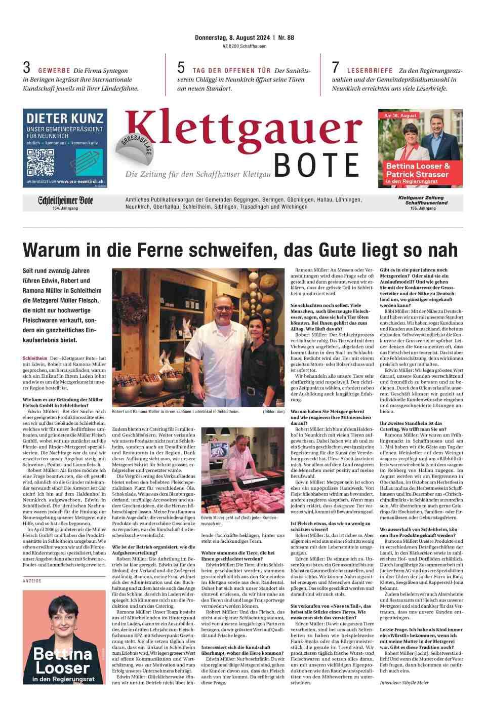 Titelseite der Zeitung „Klettgauer Bote“, Schlagzeile „Warum in die Ferne schweifen, wenn das Gute so nah ist?“ Enthält Artikel und Fotos.