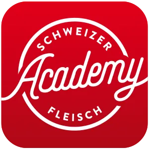 Rotes quadratisches Logo mit weisser Schrift: „Schweizer Academy Fleisch“ innerhalb eines kreisförmigen Rahmens.