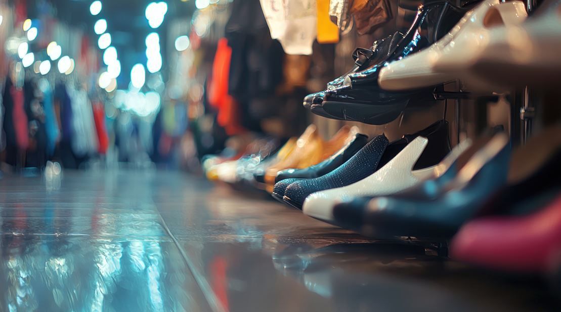 Fila de zapatos expuestos en una tienda, con ropa colorida al fondo y un suelo brillante.