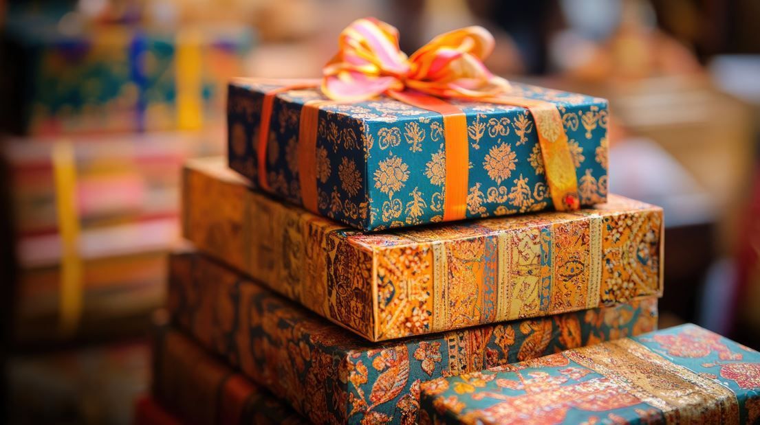 Pila de cajas de regalo, decoradas con papel estampado y atadas con cinta.
