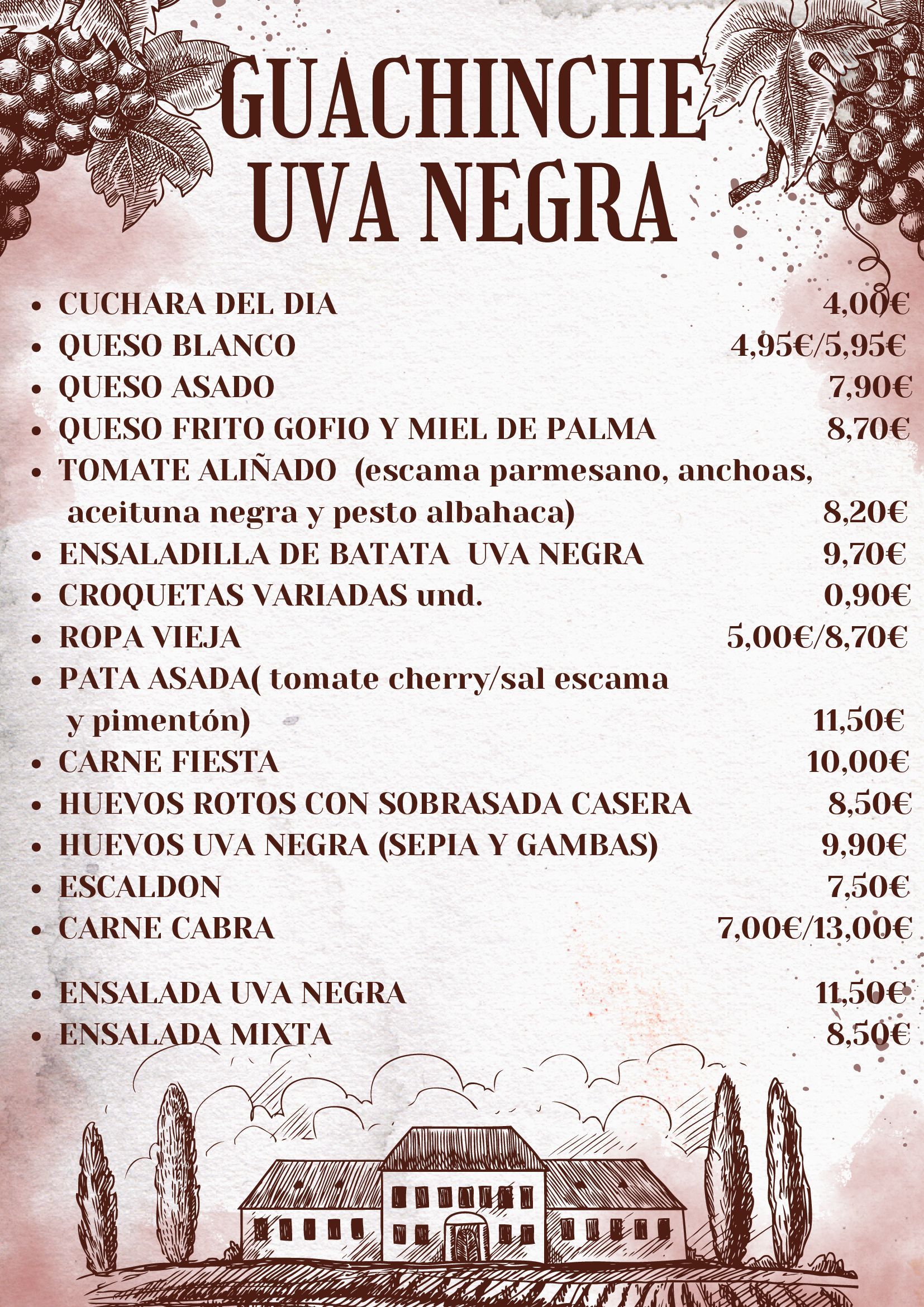 Un menú de un restaurante incluye platos principales y ensaladas.