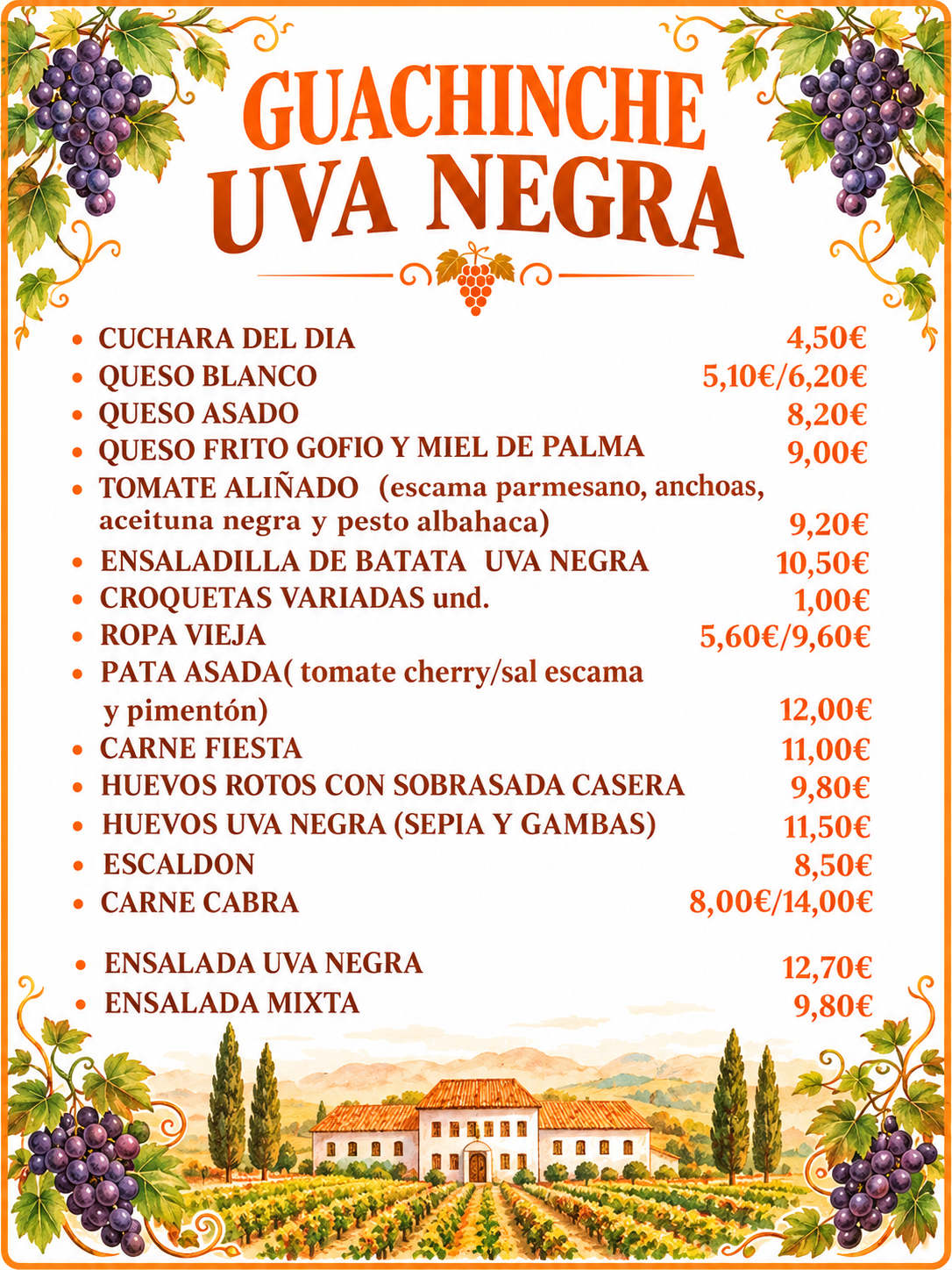 Un menú de un restaurante incluye platos principales y ensaladas.
