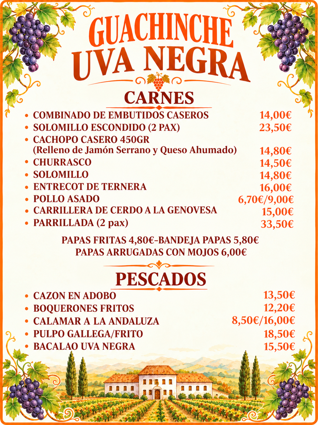 Un menú con carnes y pescados.