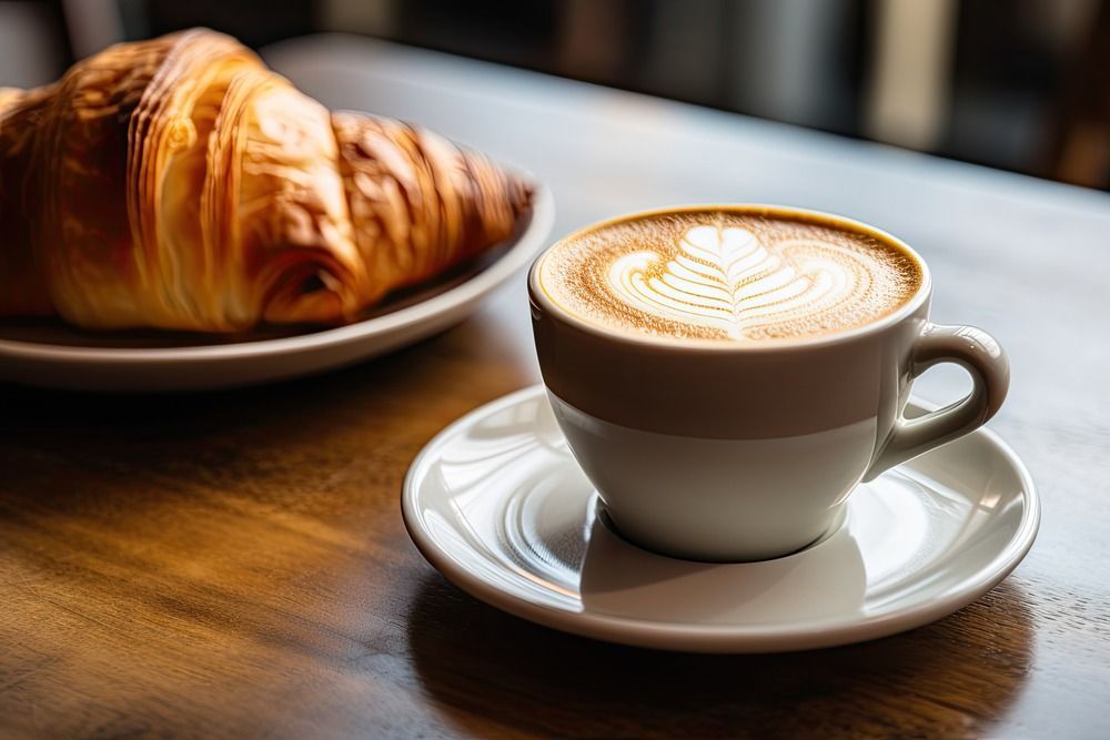 Una taza de café y un croissant en una mesa de madera.