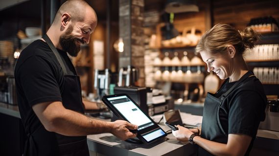 Deux personnes travaillant dans un commerce avec un terminal tactile