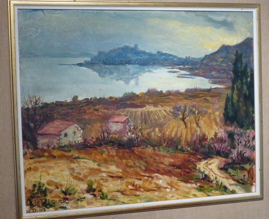 Toile peinte représentant des maisons au bord de l'eau