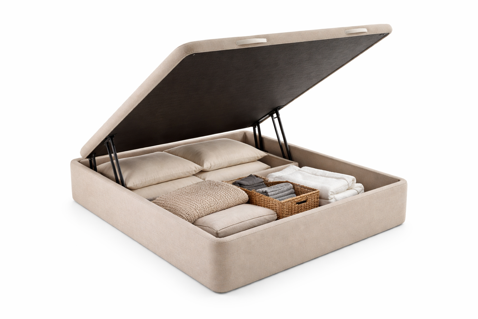 Estructura de cama tapizada en color beige con plataforma para el colchón levantada, que deja al descubierto un espacio