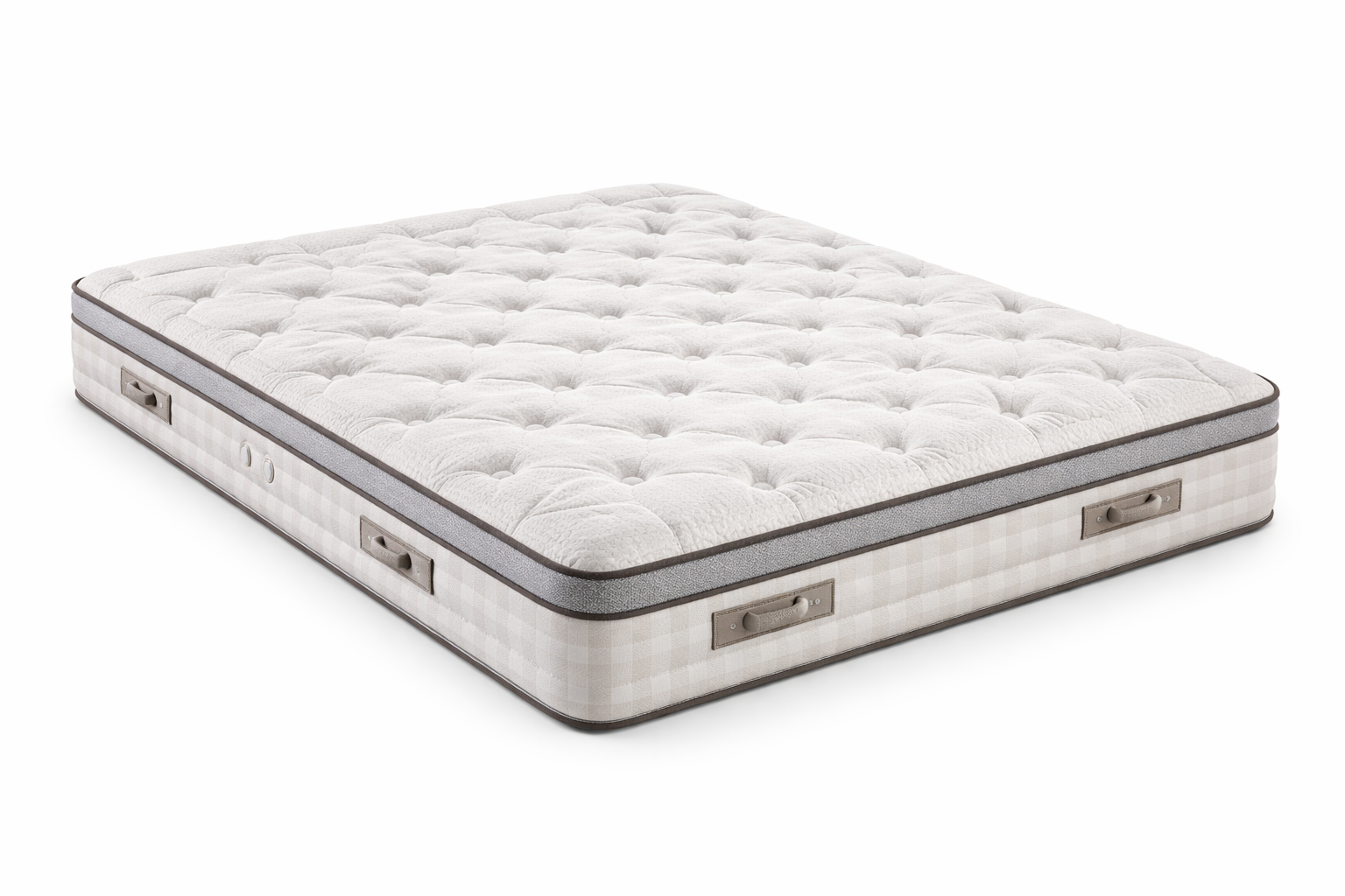 Un colchón blanco acolchado con ribetes grises y asas laterales, aislado sobre un fondo blanco.