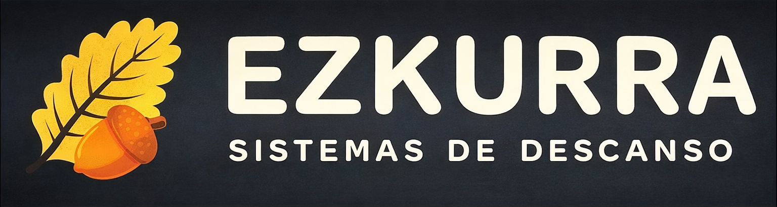 Logotipo de EZKURRA, que presenta un icono de una hoja de roble y una bellota junto al nombre de la marca