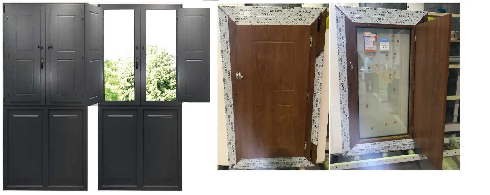Vista antes y después de una ventana con contraventanas negras y una puerta o panel marrón retirado, que muestra el aislamiento y el marco.