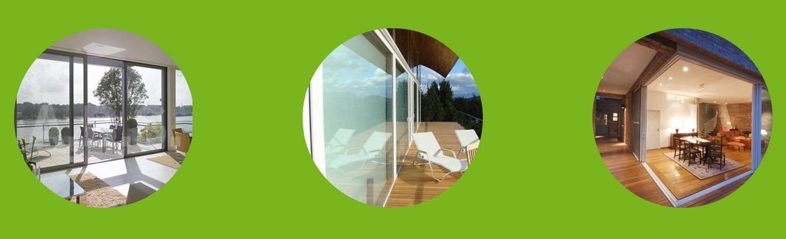 Tres fotografías circulares de interiores modernos sobre un fondo verde brillante.