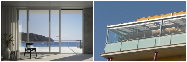 Moderno apartamento junto al mar con puertas de cristal de suelo a techo y balcón con vistas al océano.