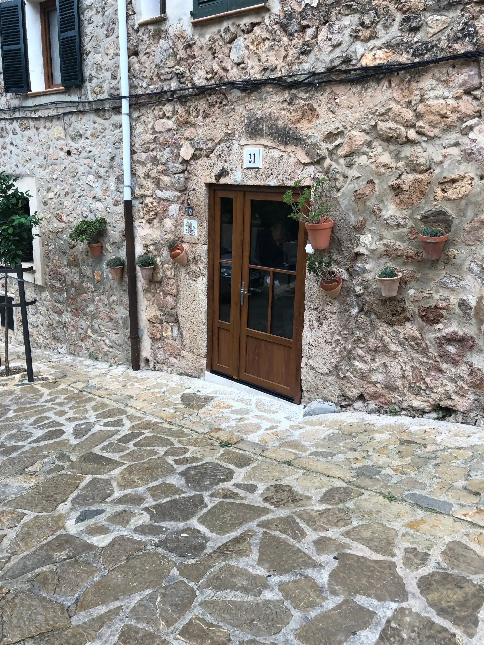 Fachada de un edificio de piedra con puerta de madera y plantas en macetas junto a un camino empedrado.