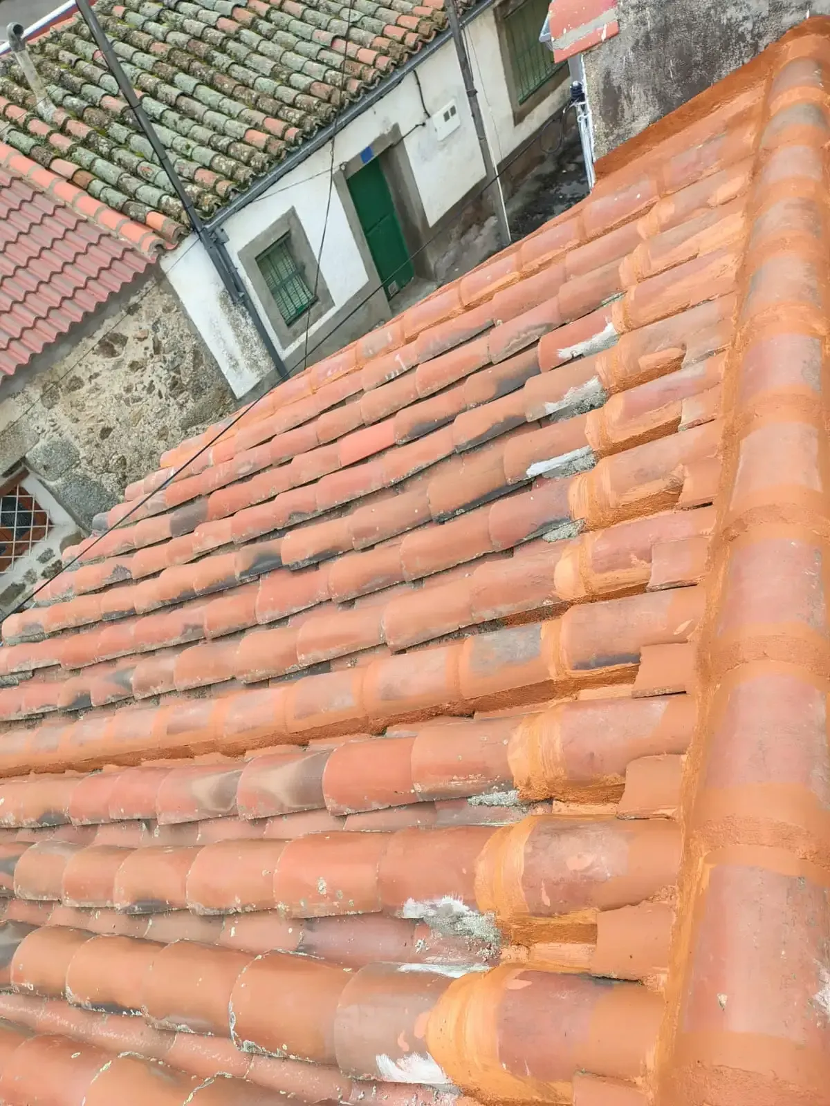 Tejado de tejas de arcilla en un pueblo europeo. Tejas naranjas, edificios antiguos con tejados verdes y rojos al fondo.