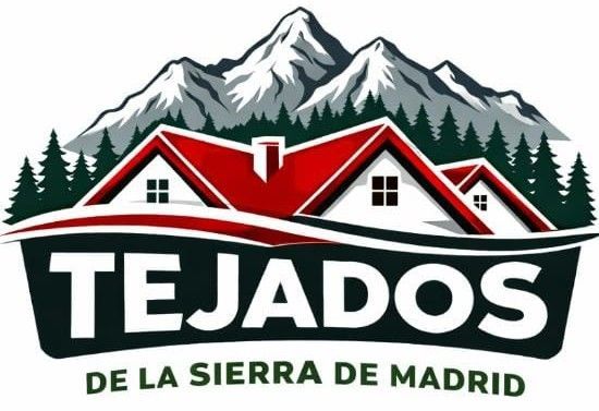Logotipo para Tejados de la Sierra de Madrid: casas con tejados rojos y monta&ntilde;as, frente a un bosque.