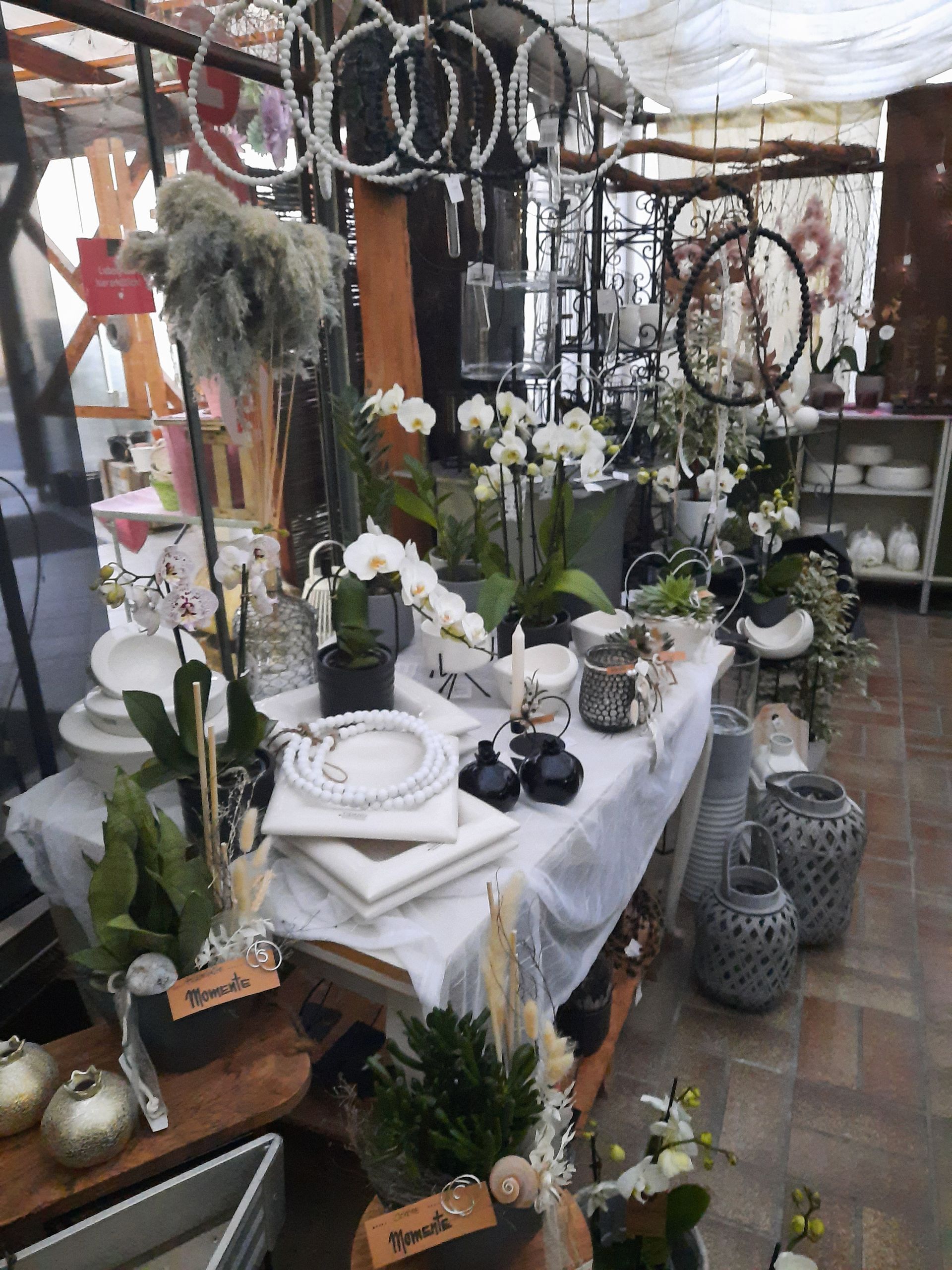 Eine Tischdekoration in einem Geschäft mit weißen Blumen, Tellern und Dekorationen in einer neutralen Farbpalette.