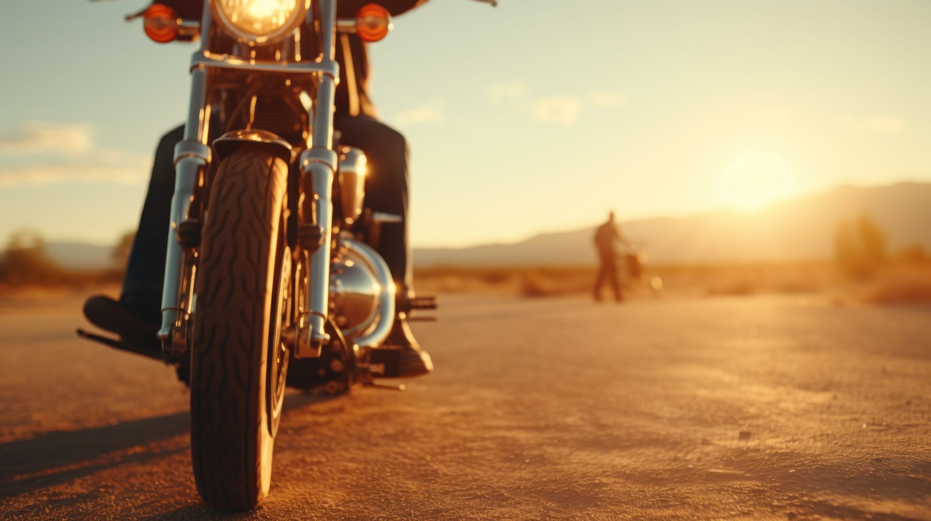 Homme sur une moto au coucher du soleil