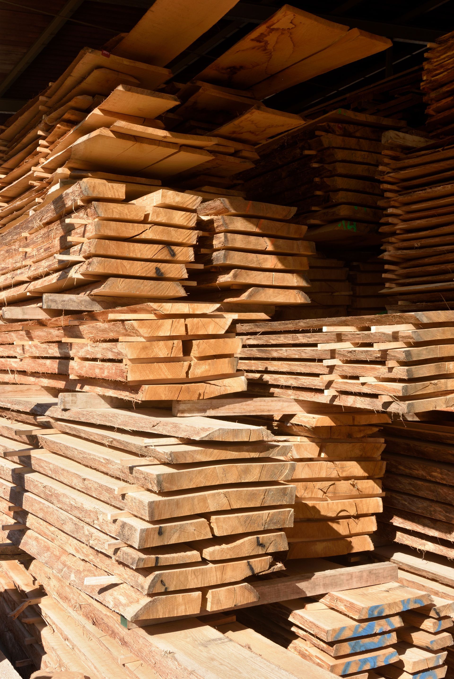 Piles de bois brut dans une scierie, grain de bois brun visible, certaines planches légèrement déformées.