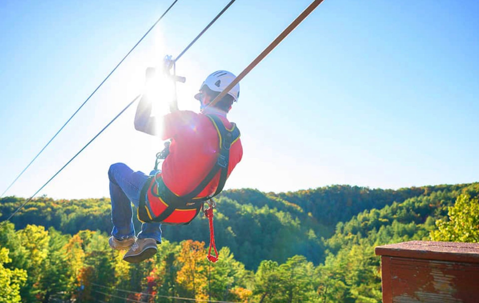 Person ziplining against a bright sun, overlooking a forest.