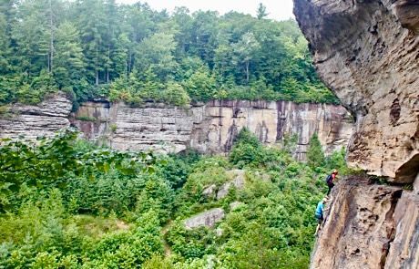 Rock climbers via feratta on a cliff face with a wooded valley and forest in the background.