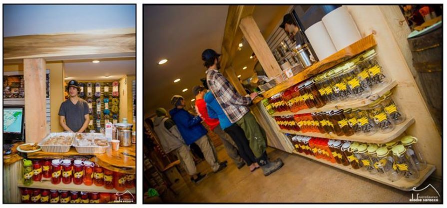 Two scenes of a shop interior. One has a man behind a counter with jars of products. The other has customers looking at shelves of jars.