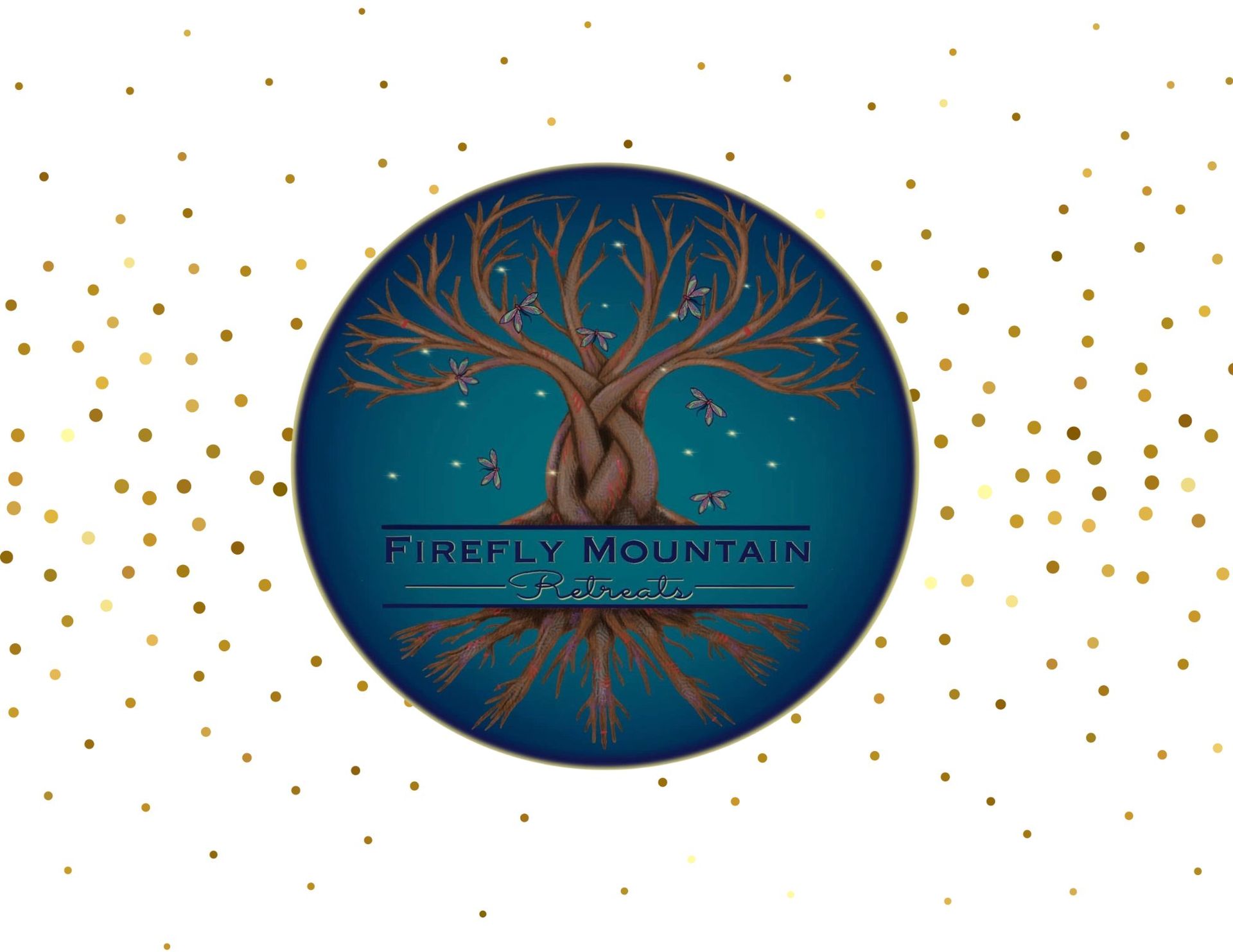 Logo: Dark blue circle with a tree design,