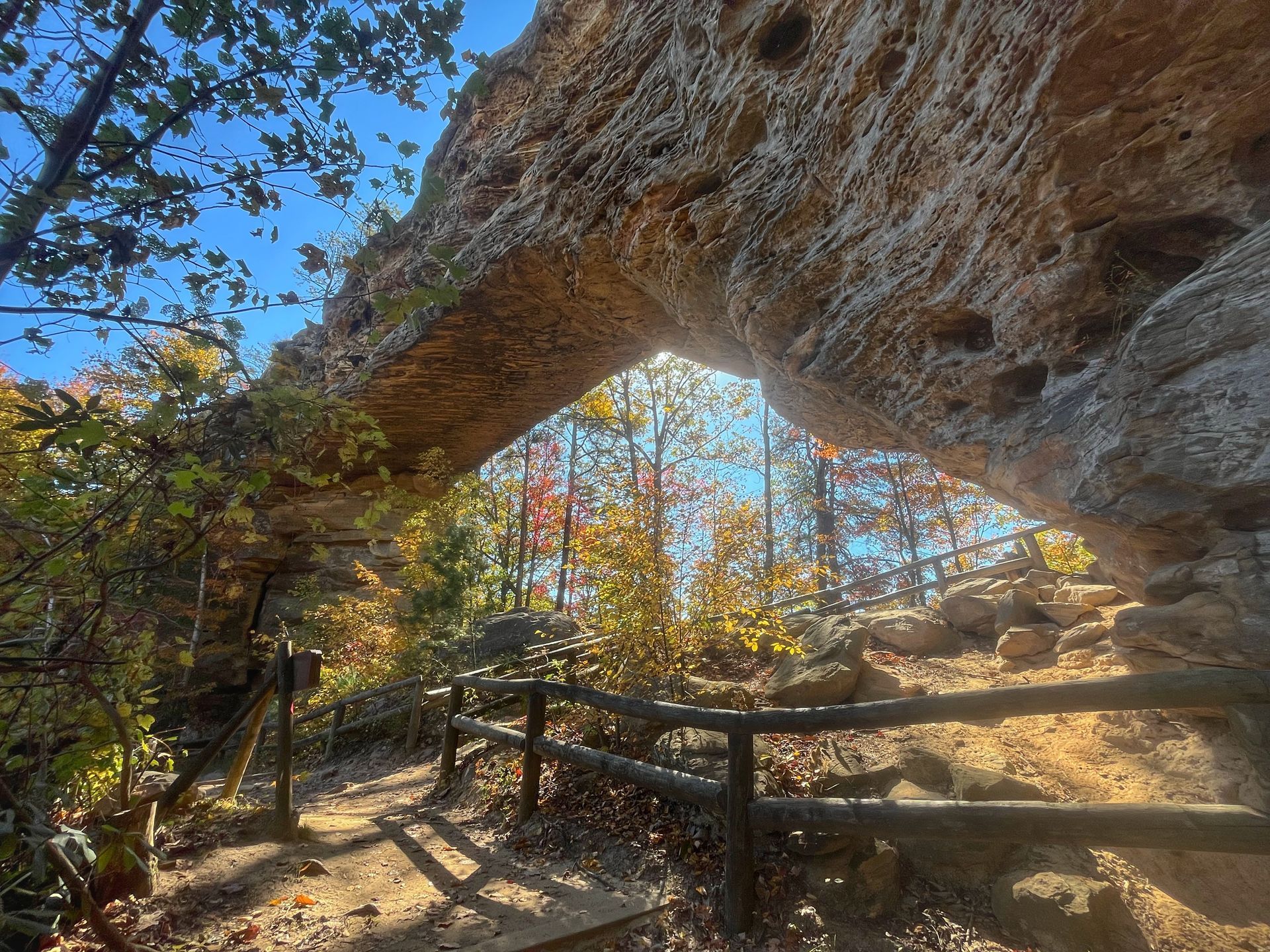Natural sandstone arch with trail, fence, and trees in autumn colors, sunny day.