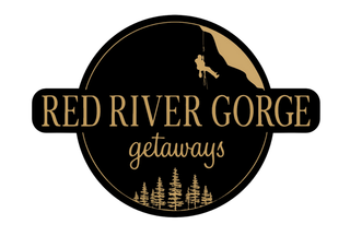 Red River Gorge Getaways logo: black circle with climber silhouette; text "Red River Gorge" in red with white outline; "getaways" below.