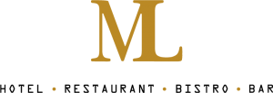 Gouden “ML”-logo met daaronder de woorden “Hotel • Restaurant • Bistro • Bar” op een witte achtergrond.