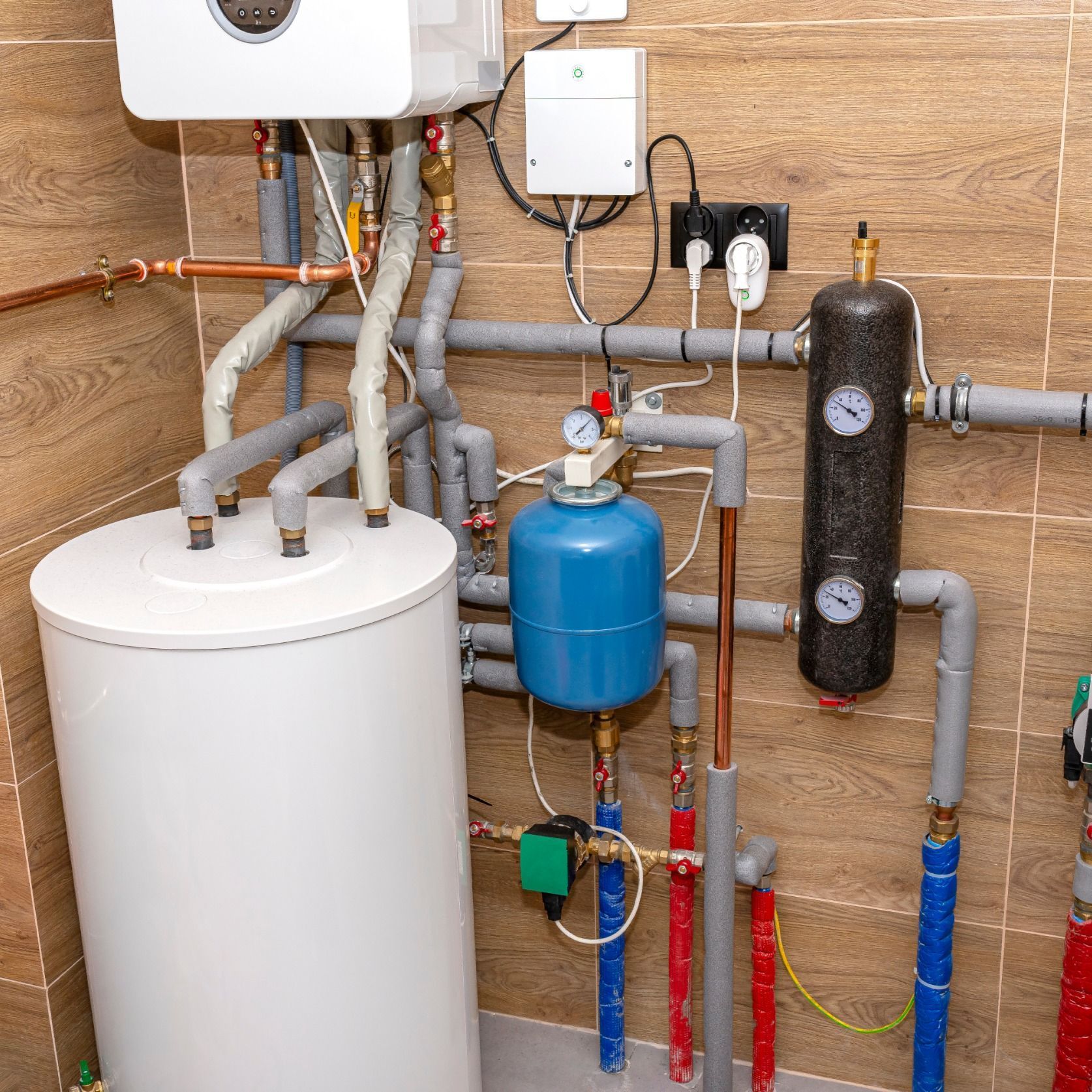 Un calentador de agua blanco en una habitación con tuberías.