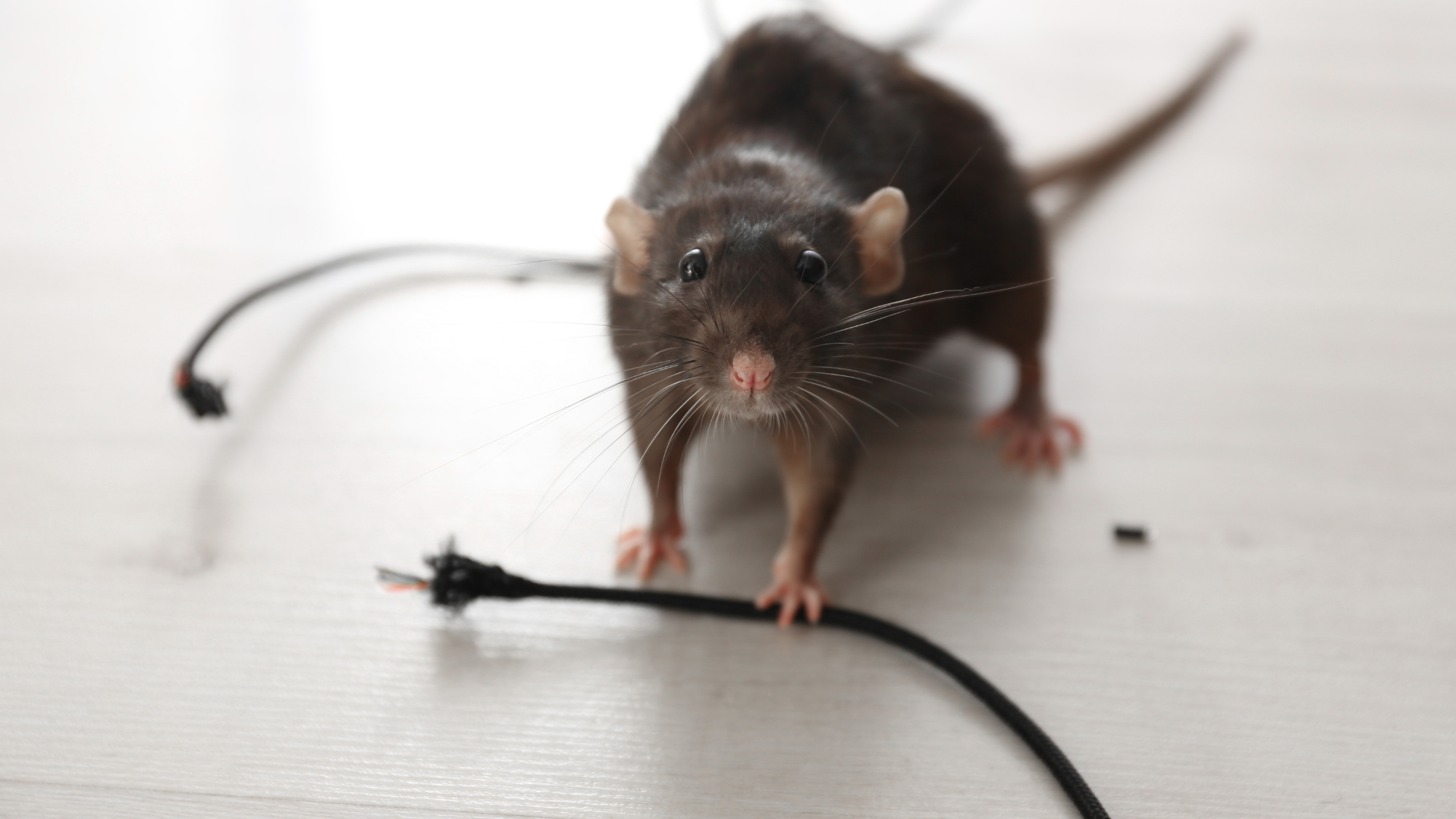 Un rat brun foncé près d'un câble électrique noir rongé, sur une surface blanche.