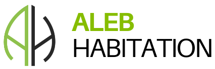 Logo pour ALEB HABITATION : initiales vertes et noires « AH » dans un cercle, avec le nom en texte vert et noir.