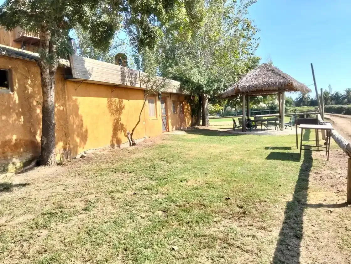 Patio rústico al aire libre con pared amarilla, suelo de césped, árboles y un pabellón sombreado bajo un cielo azul.