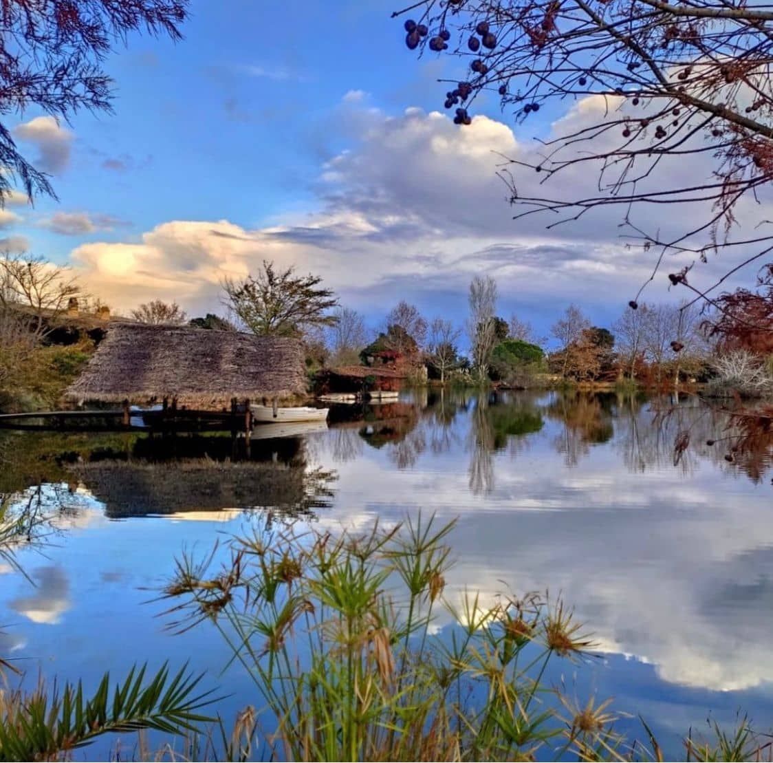 Cabañas con techo de paja junto a un estanque tranquilo que refleja las nubes y el cielo azul, con juncos en primer plano.
