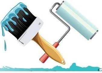 Pincel goteando pintura azul y rodillo de pintura.