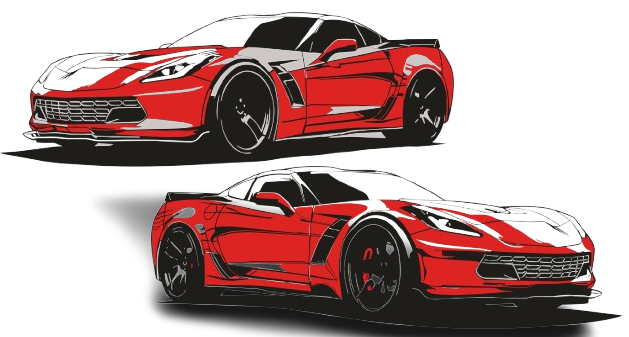 Deux Chevrolet Corvette rouges, vues en angle, avec des roues noires, sur fond blanc.