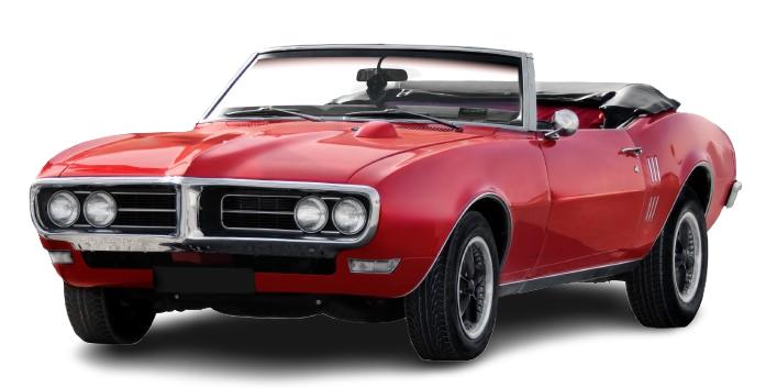 Voiture décapotable rouge, vue de face, sur fond blanc.