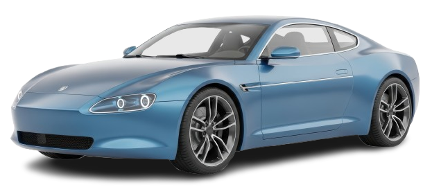 Voiture électrique bleue, design coupé élégant, sur fond blanc.