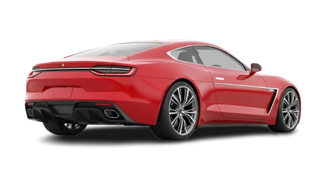 Voiture de sport rouge, vue arrière, sur fond blanc, brillante.