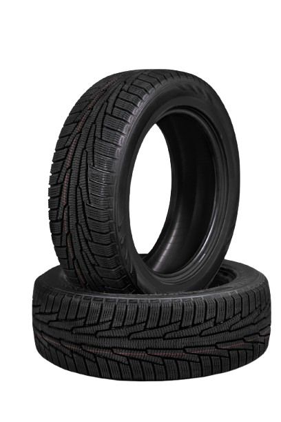 Deux pneus de voiture noirs empilés l'un sur l'autre sur un fond blanc.