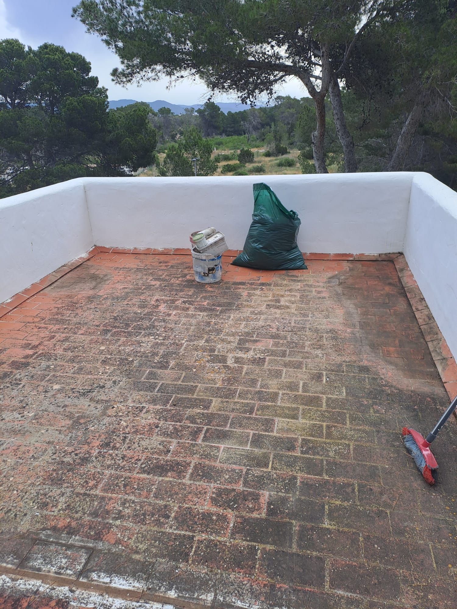 Patio de ladrillo rojo con bolsa verde, balde y rastrillo, con árboles y una vista lejana a la montaña.