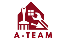 Logotipo rojo con la silueta de una casa que contiene un pincel, una llave inglesa, una paleta y una ventana, con la etiqueta "A-TEAM".