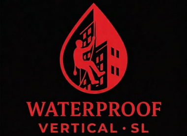 Logotipo rojo impermeable con silueta de escalador y texto &ldquo;WATERPROOF VERTICAL-SL&rdquo; sobre fondo negro.
