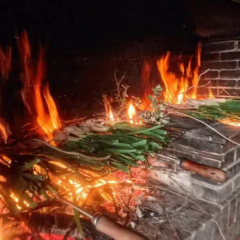 Un manojo de cebollas verdes se cocina al fuego en una chimenea.
