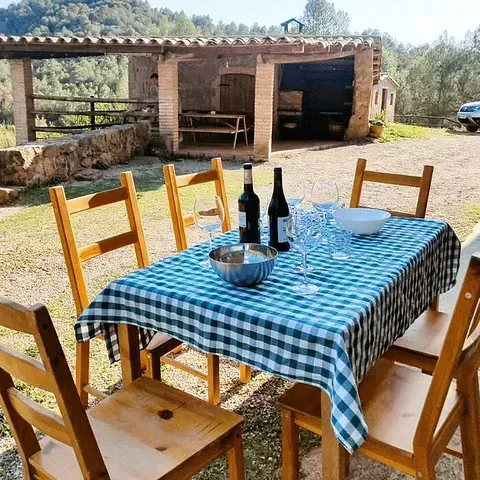Una mesa con un mantel a cuadros y botellas de vino encima.