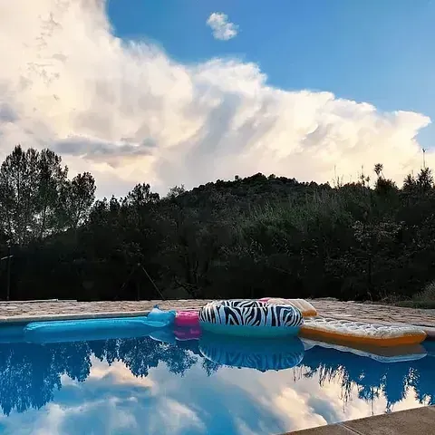 Un flotador de cebra flota en una piscina.