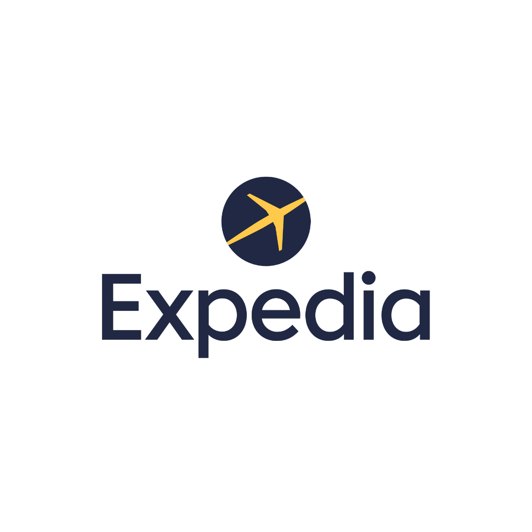 The expedia logo has an airplane in the middle of it.