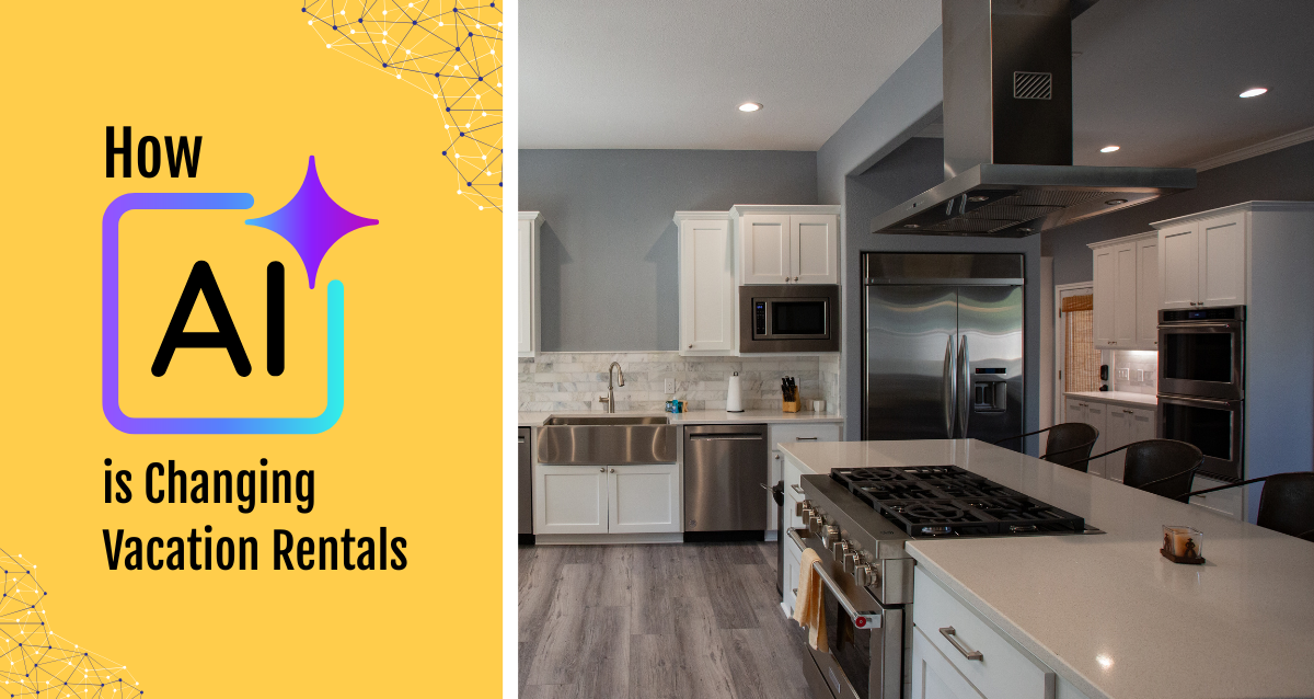 A vacation rental kitchen next to a graphic