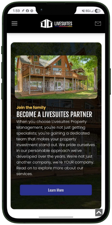 A phone displays a website advertising Livesuites property management. The site has a picture of a house with a text overlay.
