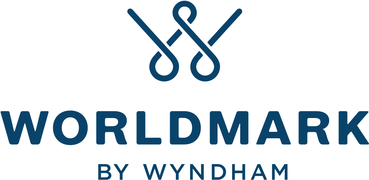 The logo for worldmark by wyndham is blue and white.